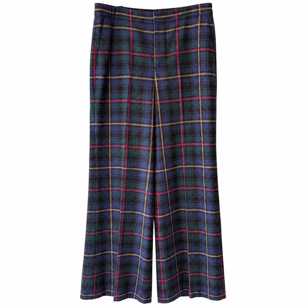 100% wool Ralph Lauren Tartan Plaid Wide Leg Trousers Navy Green Red High Rise